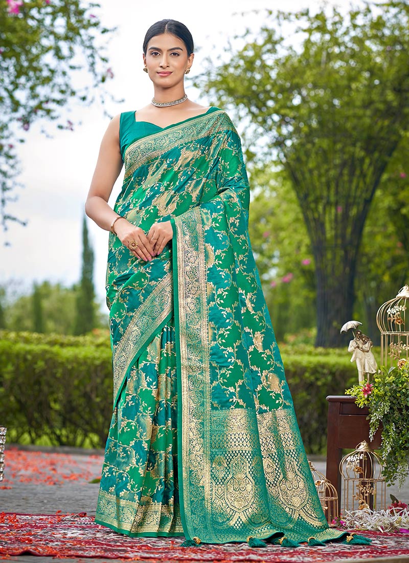Green Banarasi Silk Jacquard Benarasi Saree Festive Wear