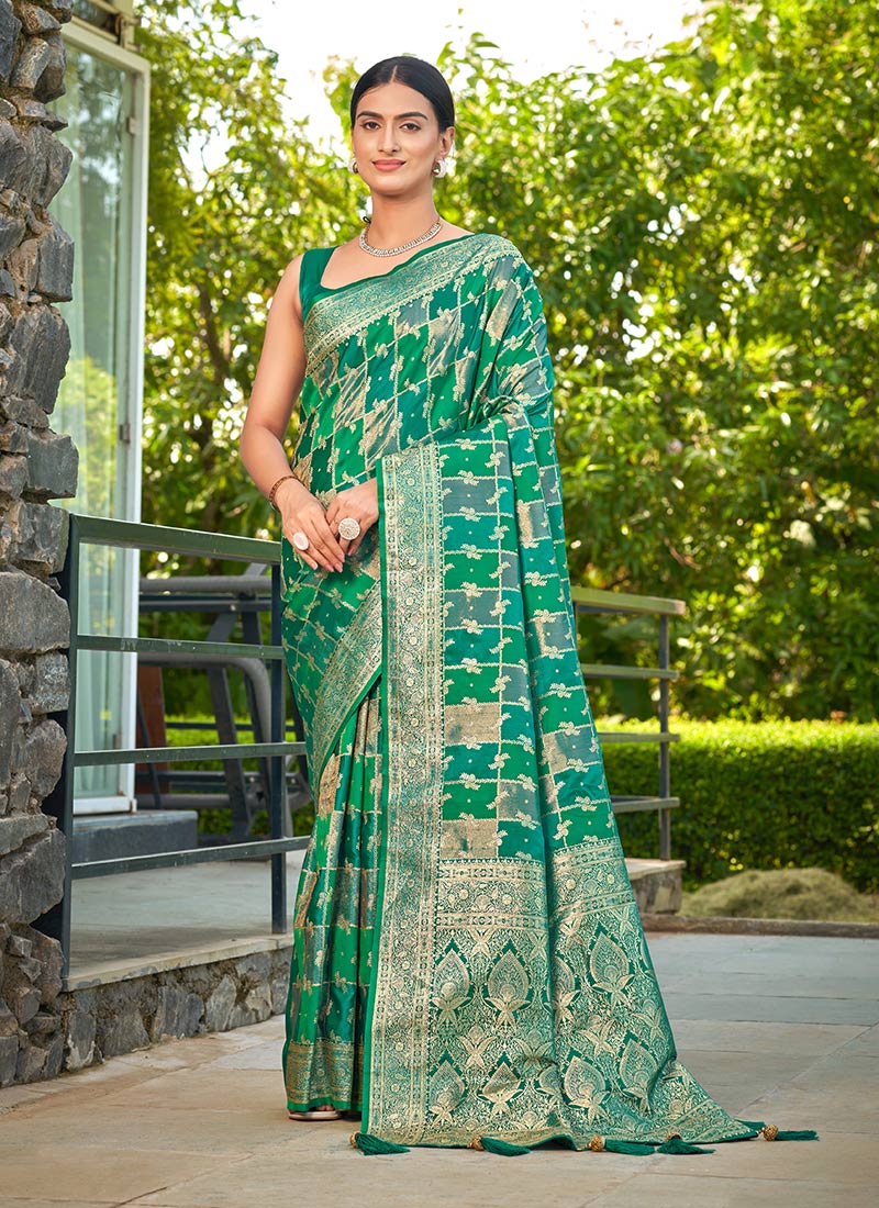 Green Banarasi Silk Jacquard Benarasi Saree Festive Wear