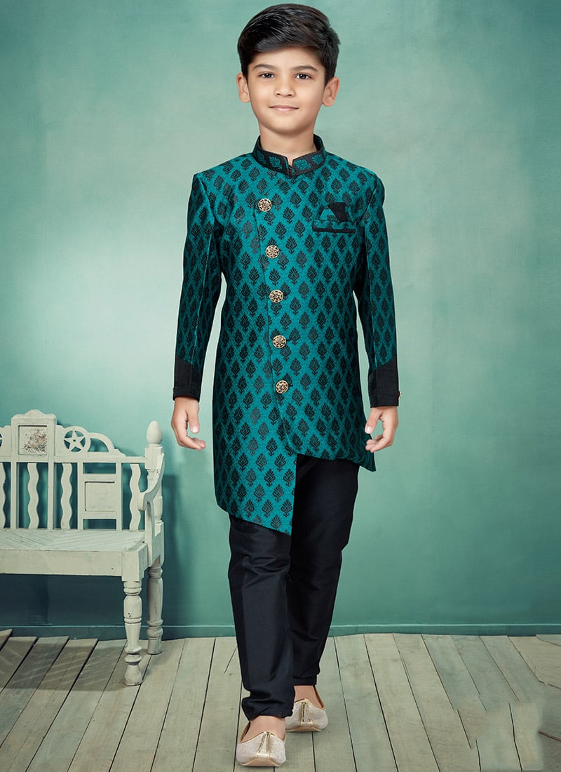 Green Banarasi Silk Jacquard Indowestern Sherwani Party Wear