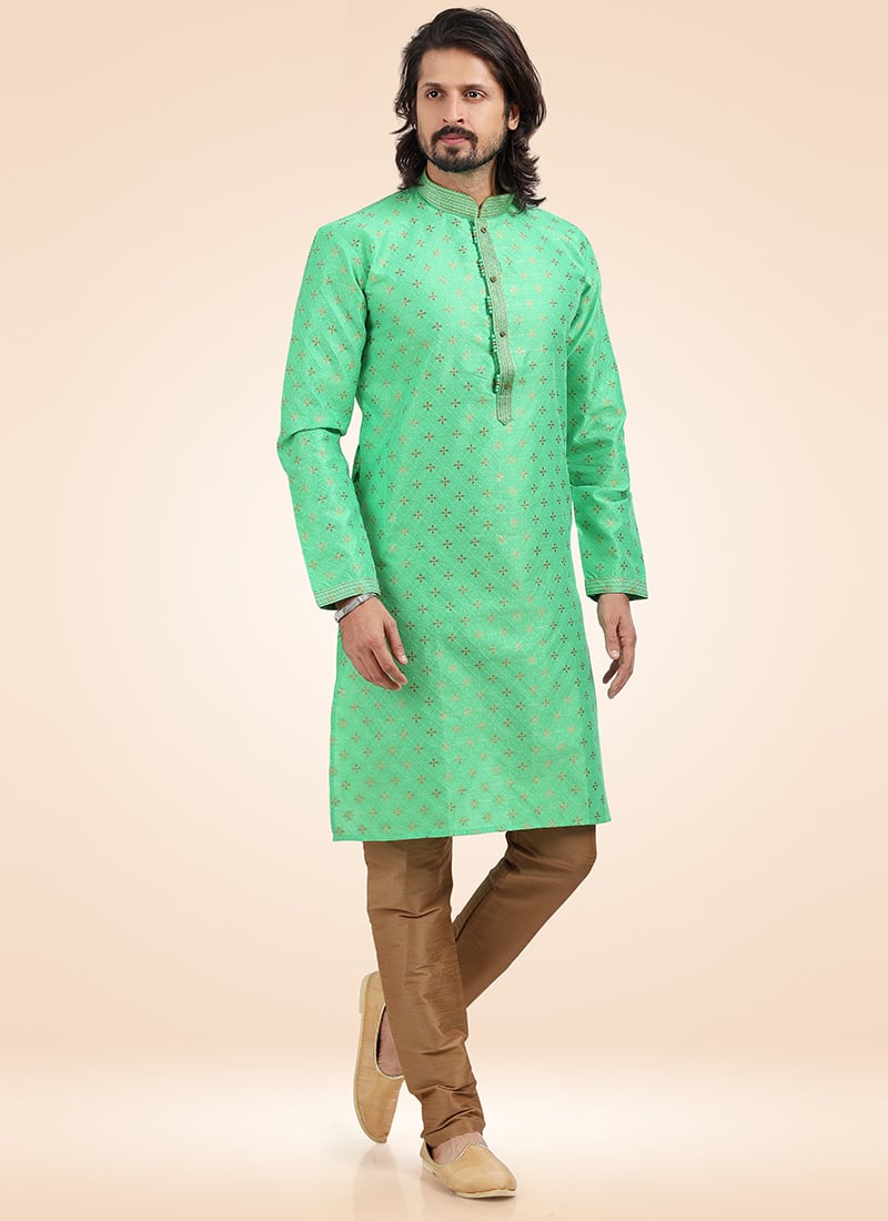 Green Banarasi Silk Jacquard Kurta Pyjama  Party Wear