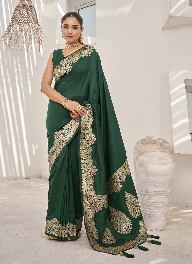 Green Banarasi Silk Jacquard Woven Saree Festive Wear