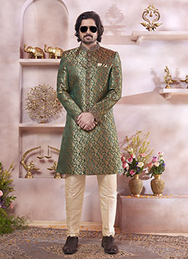 Green Banarasi Silk Jacquard Zardosi Hand Work Indowestern Sherwani