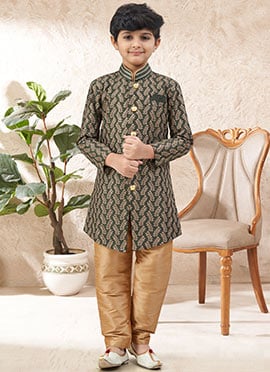 Green Banarasi Silk Jacquard Zari Embroidered Kids Boys Indowestern Sherwani
