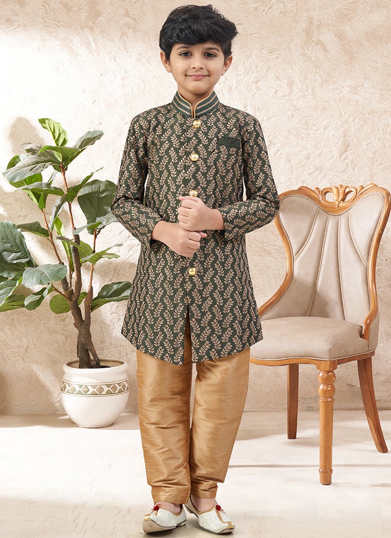 Green Banarasi Silk Jacquard Zari Embroidered Kids Boys Indowestern Sherwani Wedding Wear