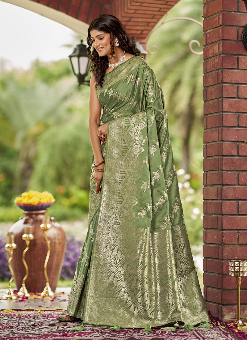 Green Banarasi Silk Jacquard Zari Saree Festive Wear
