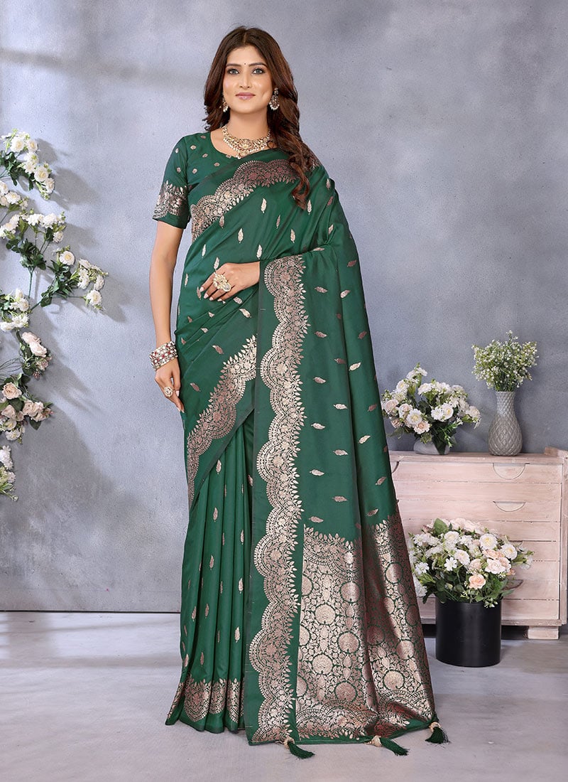 Green Banarasi Silk Jacquard Zari Saree Festive Wear
