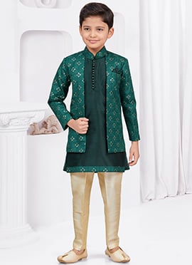 Green Banarasi Silk Sequins Indowestern Sherwani A Stylish Choice For Boys