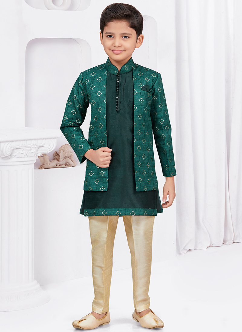 Green Banarasi Silk Sequins Indowestern Sherwani A Stylish Choice For Boys Wedding Wear
