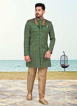 Green Banarasi Silk Zari Embroidered Indowestern Sherwani