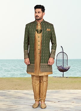 Green Banarasi Silk Zari Embroidered Indowestern Sherwani