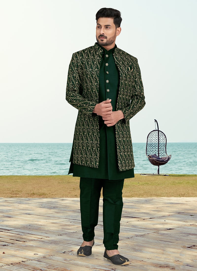Green Banarasi Silk Zari Embroidered Indowestern Sherwani