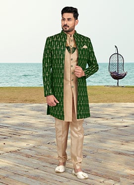 Green Banarasi Silk Zari Embroidered Indowestern Sherwani