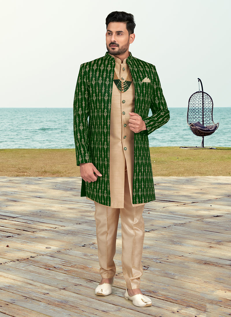 Green Banarasi Silk Zari Embroidered Indowestern Sherwani