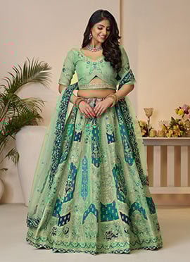 Green Banarasi Silk Zari Embroidered Sequins With Stone Work Lehenga