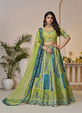 Green Banarasi Silk Zari Embroidered Sequins With Stone Work Lehenga