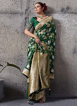 Green Banarasi Silk Zari Jacquard And Embroidered Sequins With Beads Work Saree