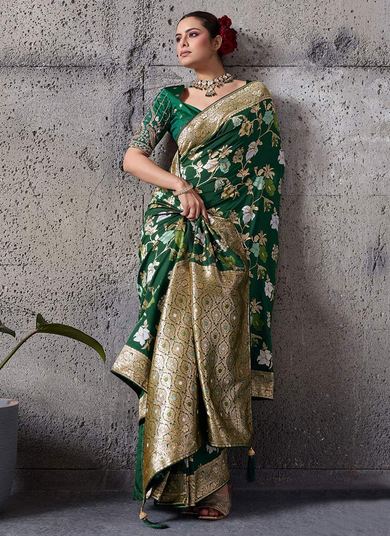 Green Banarasi Silk Zari Jacquard And Embroidered Sequins With Beads Work Saree Festive Wear