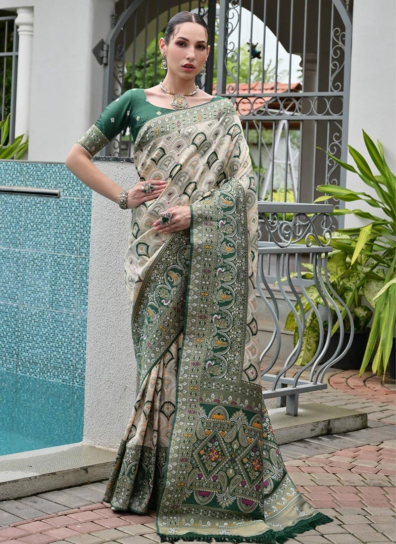 Green Banarasi Silk Zari Jacquard Woven Ikkat Print Saree After Six Wear