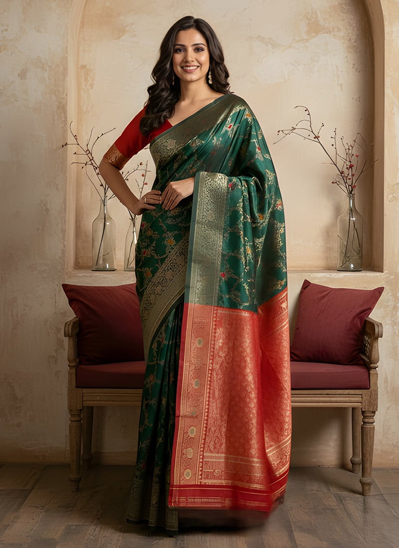 Green Banarasi Silk Zari Saree Festive Wear