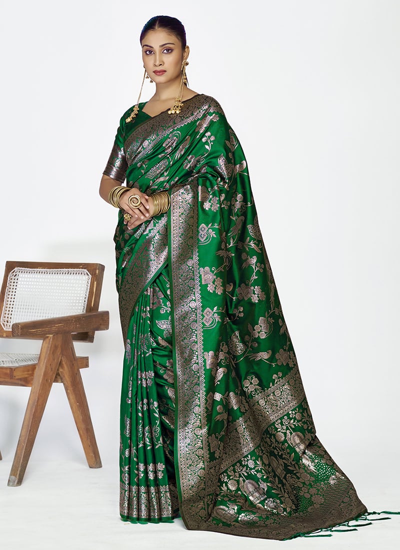 Green Banarasi Silk Zari Woven Saree Festive Wear