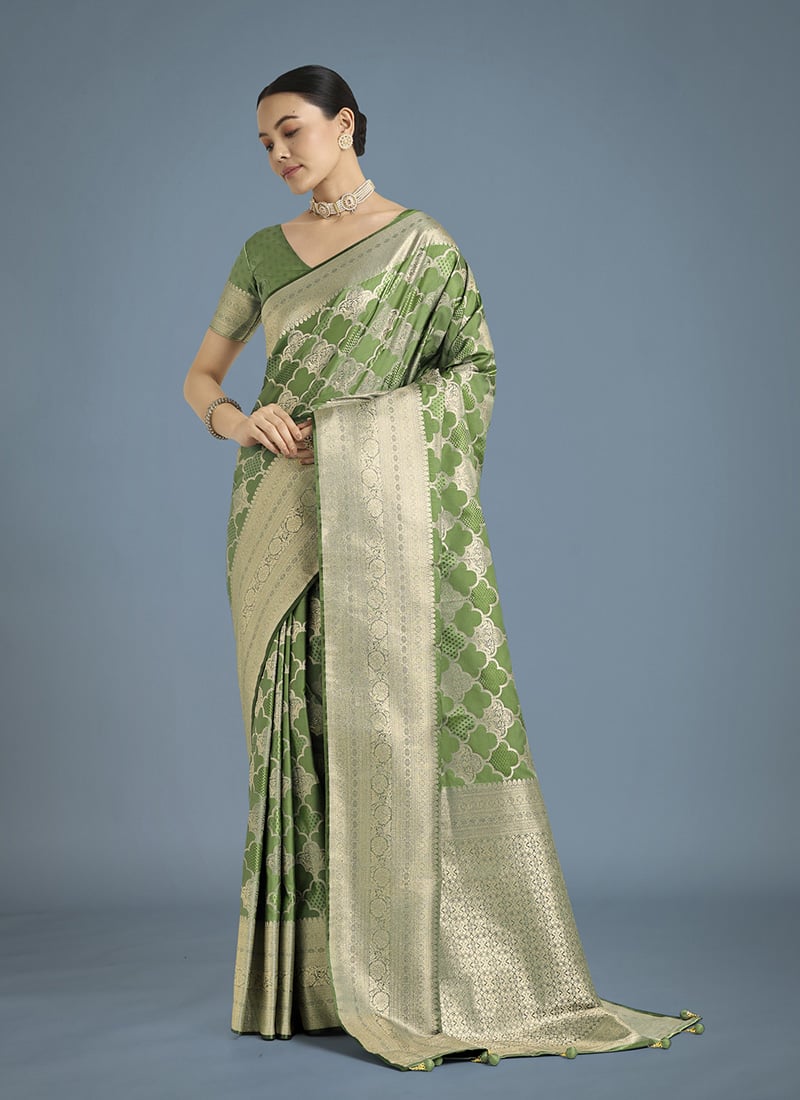 Green Banarasi Silk Zari Woven Saree Festive Wear