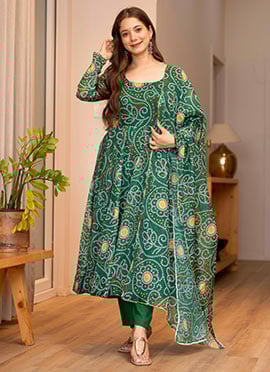 Green Bandhini Print Tabby Organza Anarkali Suit