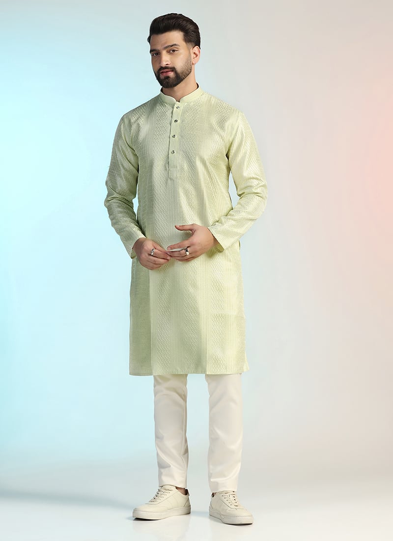 Green Banglory Silk Embroidered Kurta Pyjama Festive Wear