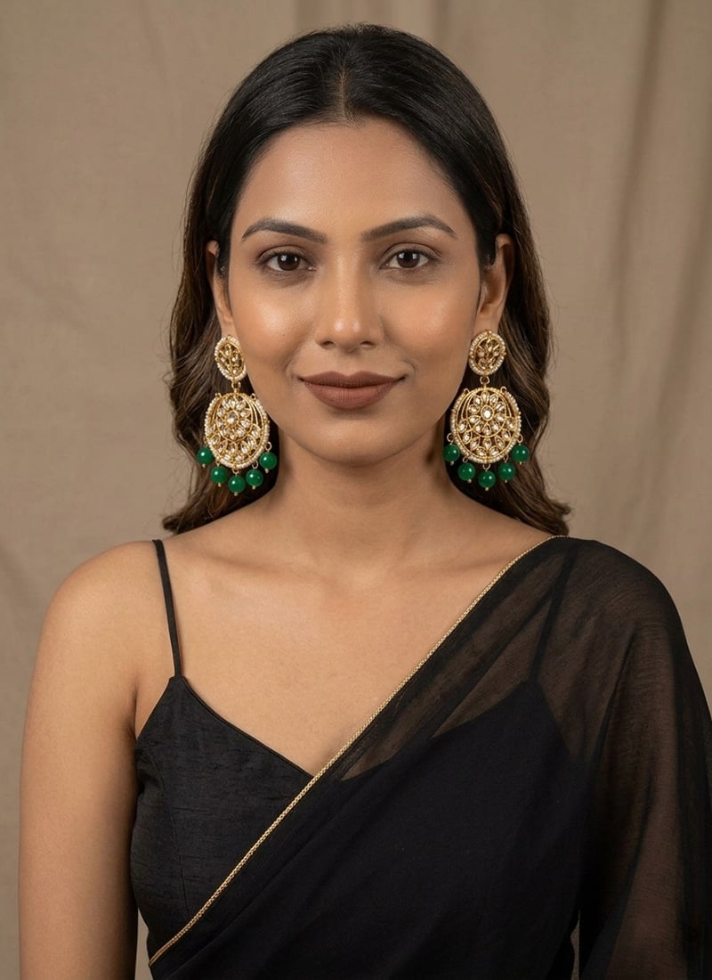 Green Bead Round Floral Kundan Danglers After Six Wear