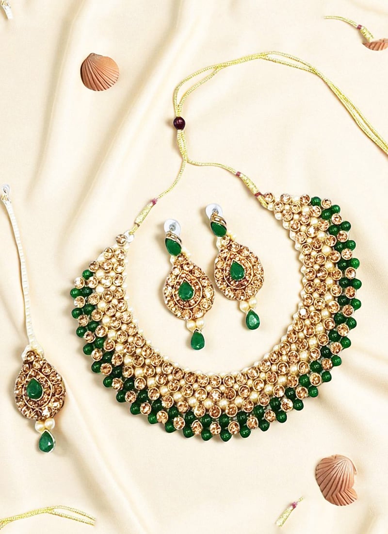 Green Beaded Kundan Golden Plated Necklace Set