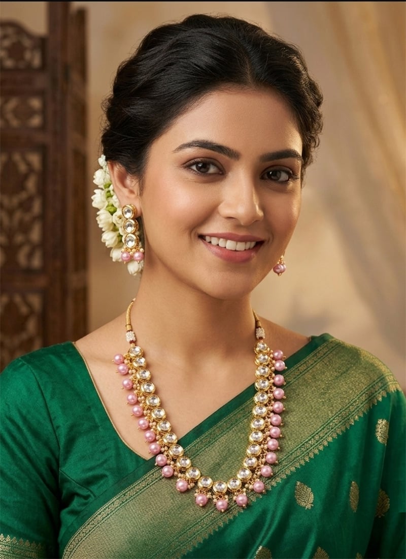 Green Beaded Kundan Necklace Set After Six Wear