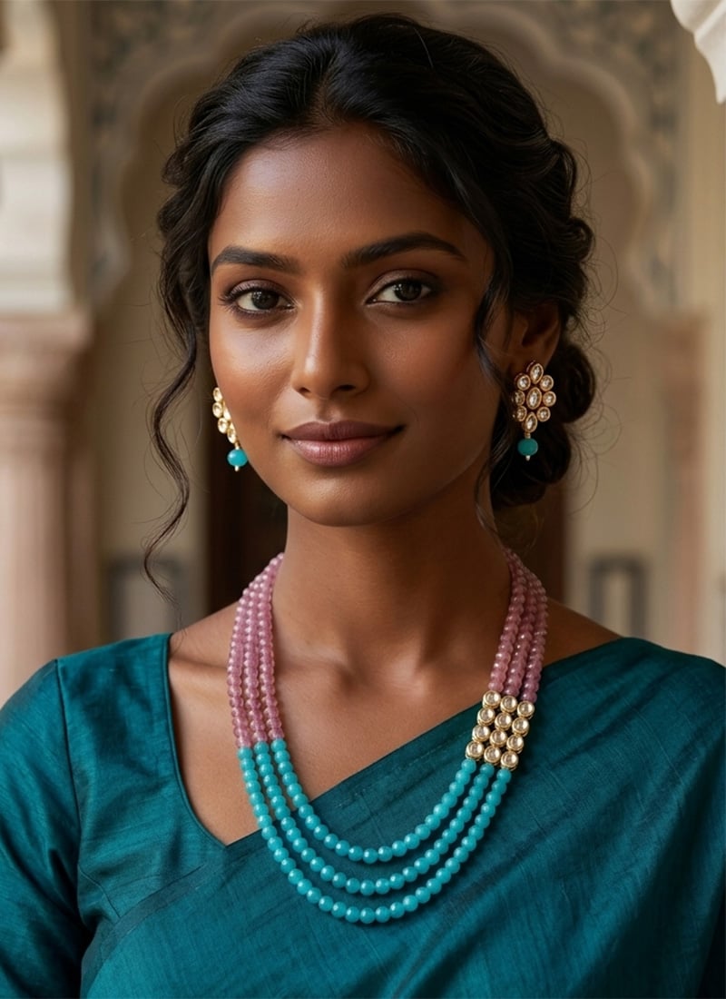 Green Beaded Kundan Necklace Set After Six Wear