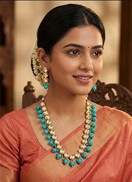 Green Beaded Necklace Set With Gold Tone Kundan