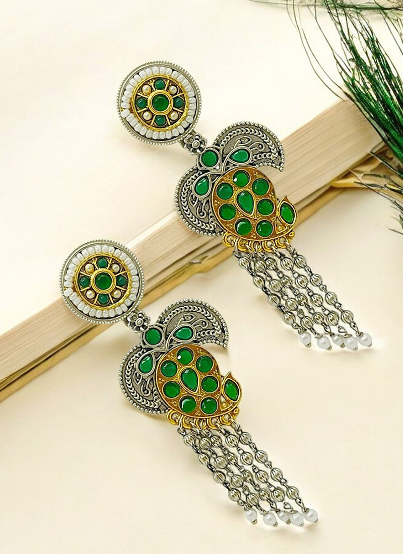 Green Beads And Kundan Oxidised Danglers Festive Wear