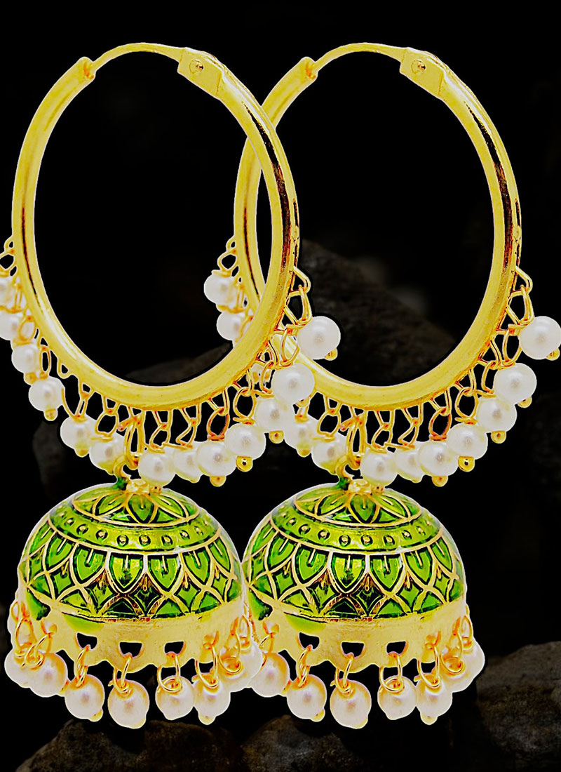 Green Beads Meenakari Jhumka Festive Wear