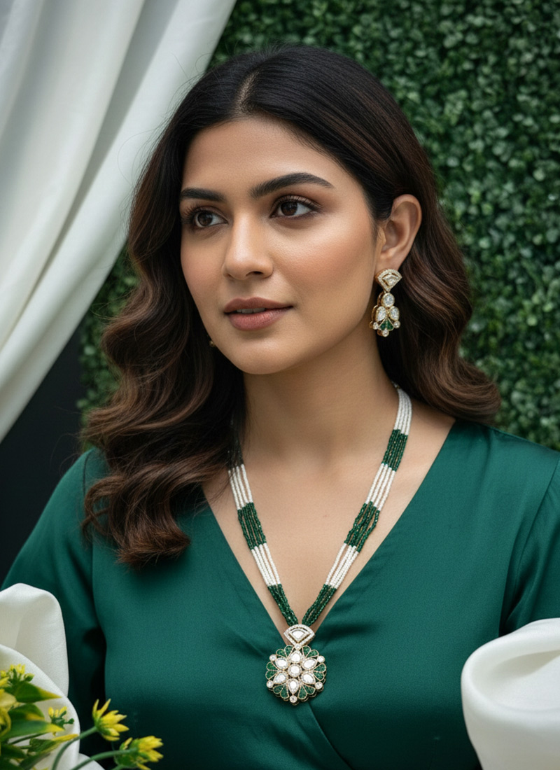 Green Beads Stone Necklace Set Wedding Wear