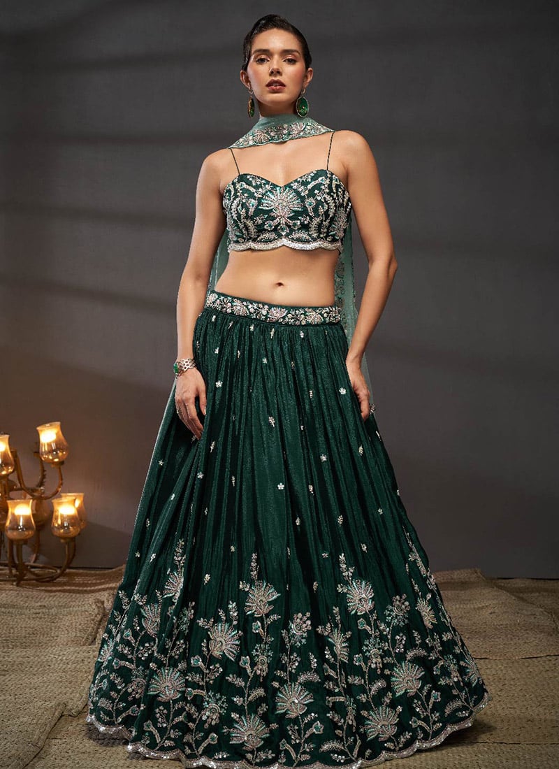 Green Beauty Sequins Cut Dana Embroidery On Chinon Lehenga