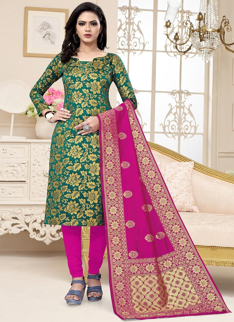 Green Benarasi Art Silk Churidar Suit