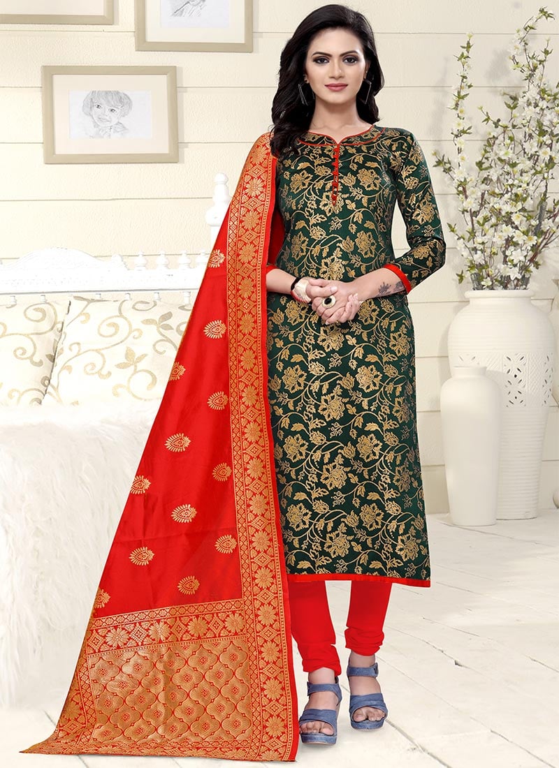 Green Benarasi Art Silk Churidar Suit