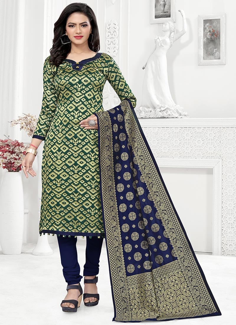 Green Benarasi Art Silk Churidar Suit