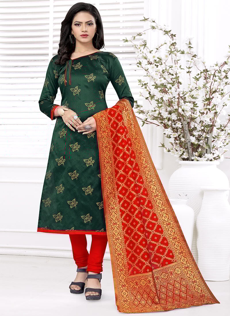 Green Benarasi Art Silk Churidar Suit