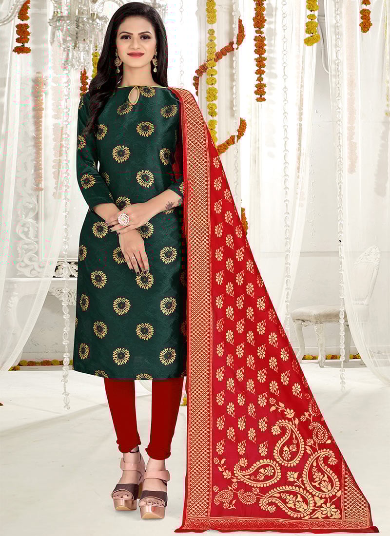 Green Benarasi Art Silk Churidar Suit