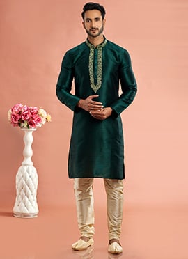 Green Benarasi Silk Thread Embroidered Kurta Pyjama