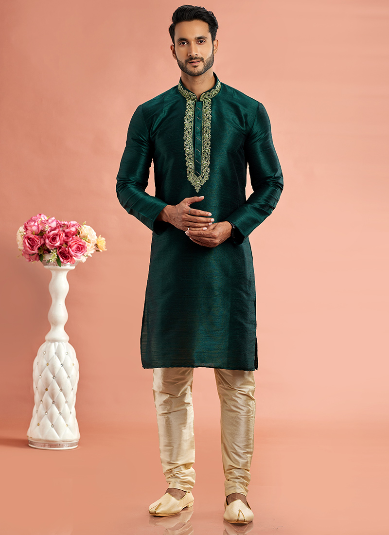 Green Benarasi Silk Thread Embroidered Kurta Pyjama Festive Wear