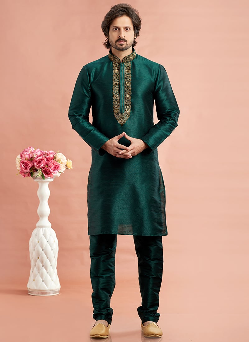 Green Benarasi Silk Thread Embroidered Kurta Pyjama Festive Wear