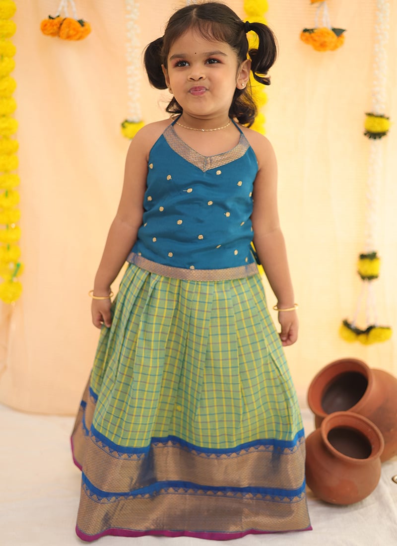 Green Blended Cotton Handloom Kids Girls With Round Neck And Half Sleeve Party Wear