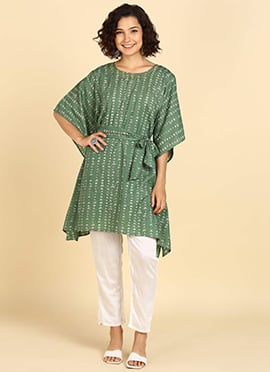Green Blended Cotton Knee Length Kurti