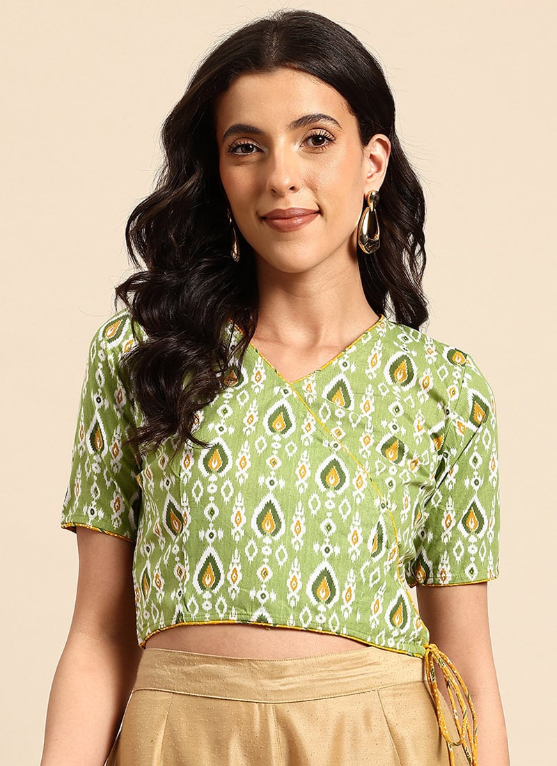 Green Blended Cotton Printed Blouse After Six Wear