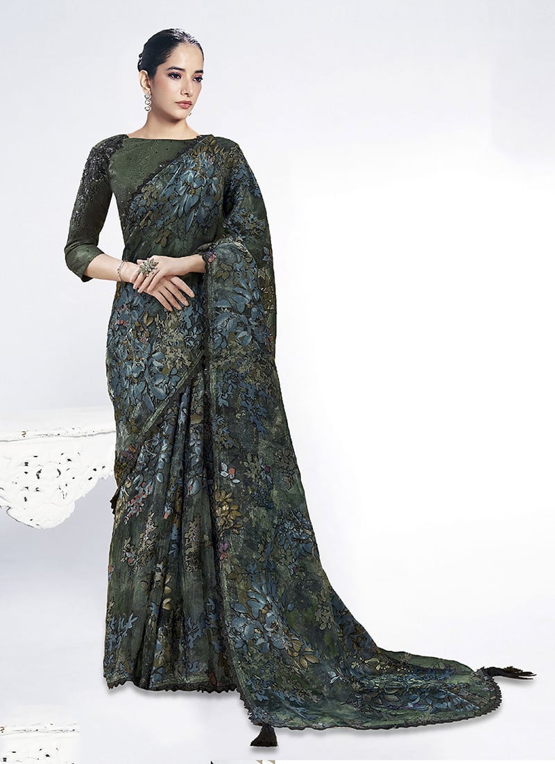 Green Brasso Embroidery With Stone Saree