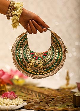 Green Brcade Gota Embroidered Sequins Hand Bag For Women