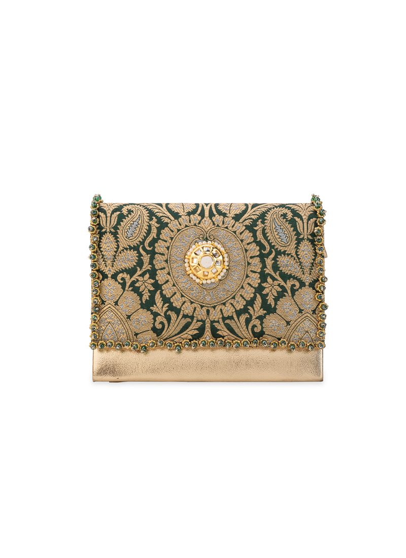 Green Brocade Beads Hand Bag Wedding Wear